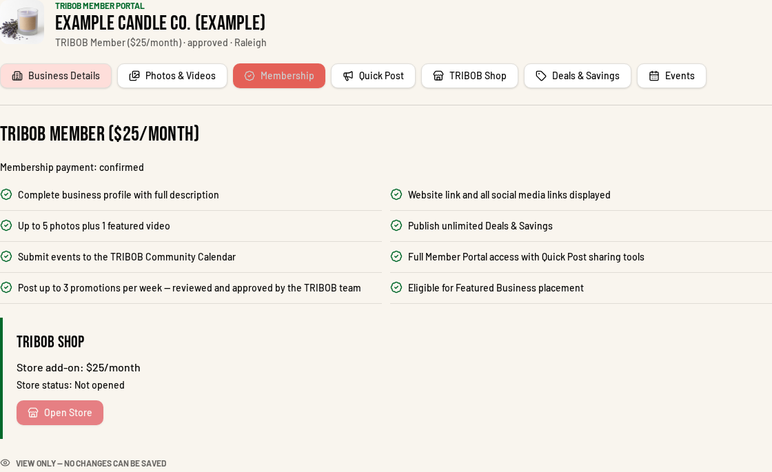 $25 Member example portal: included benefits and separate $25/month Shop add-on.